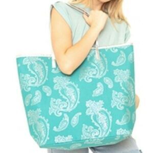 Oversized Tote Bag Shopping Beach Blue & Silver Foil Paisley Print